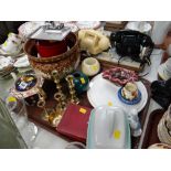 Tray of various collectables including Poole butter dish, Royal Worcester cake plate, brass