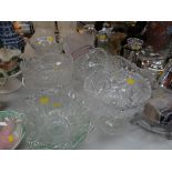 Parcel of pressed & cut glass, mainly bowls, vases together with an EPNS topped claret jug