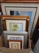 Box of various framed prints, modern oil on canvas, continental watercolour, limited edition print