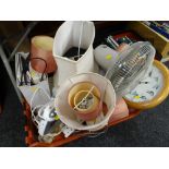 Crate of various electricals including table lamps, fan, paper shredder, Roberts radio etc E/T