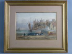 GEORGE HARRISON RCA watercolour - old Conwy Quayside scene with figures on the shore, signed, 22 x