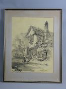 AN HISTORICAL BLACK & WHITE PRINT - Castle Street, Conwy with two figures in Welsh dress chatting