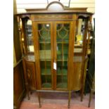 A GOOD CIRCA 1900 INLAID DISPLAY CABINET with shaped railback and top over a decorative central