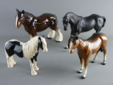 FOUR POTTERY HORSES by Beswick, Royal Doulton and others including a boxed John Beswick black and