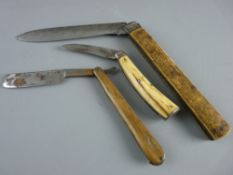 A GEORGIAN BONE HANDLED LOCK KNIFE, an early pocket knife and a cut-throat razor with wooden