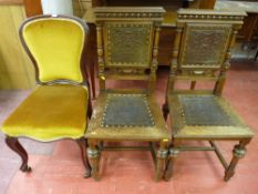 A VICTORIAN MAHOGANY SPOONBACK SIDE CHAIR and a pair of French hall chairs, various measurements