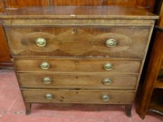 A GEORGIAN MAHOGANY SECRETAIRE CHEST, the top having boxwood strung edging, deep top drawer with