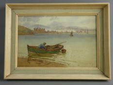 J W CLAYTON watercolour - fisherman in his boat on the Deganwy side looking over to Conwy and the