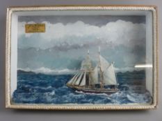 A SMALL CASED VINTAGE SHIP DIORAMA of a twin masted ship in full sail, titled 'Five Sisters,