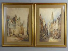 CECIL J KEATS watercolours, a pair - Continental street scenes with figures and cathedral spires