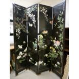 A 20th CENTURY FOUR FOLD LACQUERWORK & PAINTED DRESSING SCREEN, the pattern in the style of inset