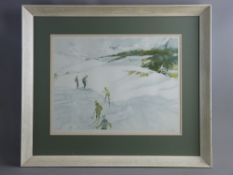SIR WILLIAM RUSSELL FLINT rare guild stamped coloured print - five skiers on a piste, fully