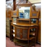 AN EDWARDIAN MAHOGANY MIRRORBACK DISPLAY SIDEBOARD having an upper three section mirror with swan