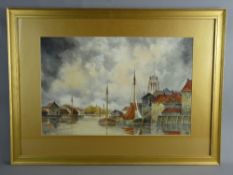 LOUIS VAN STAATEN watercolour - Dutch river scene with numerous boats, buildings and church spire,