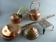 A GRADUATED SET OF FOUR BRASS HANDLED COPPER PANS WITH LIDS, a copper kettle and stand and a long