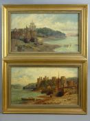 HENRY MEASHAM RCA oils on canvas, a pair - Conwy Quayside scenes with numerous boats and figures