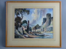 JAMES PRIDDY watercolour - south view of Conwy Castle with moored boats etc, signed, 30 x 38 cms