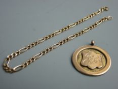 A NINE CARAT GOLD CIRCULAR PENDANT FOB and 20 cms small link bracelet, 5.5 grms gross contained in a