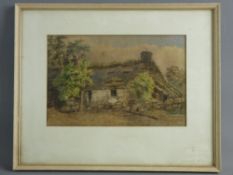ENGLISH SCHOOL watercolour - old Welsh cottage with lady in the doorway in Welsh hat, unsigned, 16.5