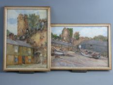 JOHN R LEWIS watercolours, a pair - Conwy Quay front scenes, one with beached boats and fishermen,
