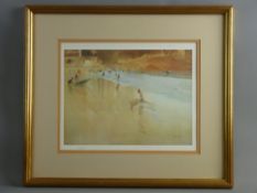 A COLOURED LIMITED EDITION (415/850) PRINT - beach scene with figures, unsigned, 26 x 34 cms