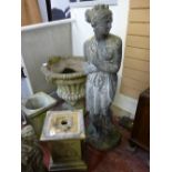 A COMPOSITION STONE STATUE on associated stand in the style of a classical Greek maiden, 160 cms