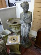 A COMPOSITION STONE STATUE on associated stand in the style of a classical Greek maiden, 160 cms