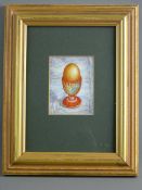 JOY FARRALL JONES RCA tempera - Oriental patterned eggcup with egg, signed label verso, 8.5 x 6.5