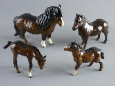 FOUR BESWICK POTTERY HORSES to include a Shetland pony and foal with one further example along