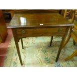 AN EDWARDIAN INLAID MAHOGANY SINGLE DRAWER SIDE TABLE, the railback and top and with boxwood inlay