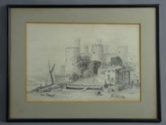 E WOOD pencil study - the Castle and figures on the Quay by the Old Custom House, signed, 24 x 35