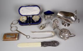 A PARCEL OF SILVER INCLUDING CASED PAIR OF SALTS together with a silver-handled page-turner and a