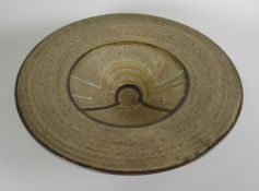 A STUDIO POTTERY FLARED DISH unknown potter's mark, 30cms diam