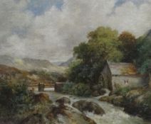 H HILLS oil on canvas - North Wales river and mill, entitled verso 'Beddgelert Mill North Wales,