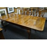 CROSS-BANDED MAHOGANY EXTENDING DINING TABLE & SIX (4+2) CHAIRS with single centre leaf, 213cms