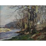 OWEN BOWEN (1873 - 1967) oil on canvas - woodland and river, signed, 34 x 44cms