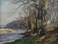 OWEN BOWEN (1873 - 1967) oil on canvas - woodland and river, signed, 34 x 44cms
