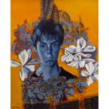 JOHN CHERRINGTON oil on board - portrait with flowers, signed and dated 1992, 76 x 59cms