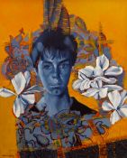 JOHN CHERRINGTON oil on board - portrait with flowers, signed and dated 1992, 76 x 59cms