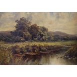 OCTAVIUS T CLARK oil on canvas - tranquil landscape with river, entitled verso 'View in Dorking',