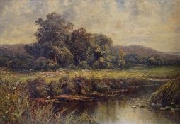 OCTAVIUS T CLARK oil on canvas - tranquil landscape with river, entitled verso 'View in Dorking',