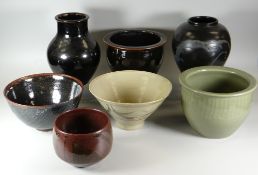 SEVEN VARIOUS STUDIO POTTERY VESSELS some with potter's marks, tallest vase 24cms high