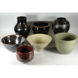 SEVEN VARIOUS STUDIO POTTERY VESSELS some with potter's marks, tallest vase 24cms high