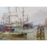 ARTHUR WILDE PARSONS (British, 1854-1931) watercolour - busy harbour scene with large sailing