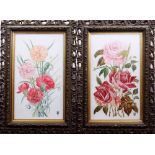 A PAIR OF EARLY TWENTIETH CENTURY PAINTED PORCELAIN PANELS of roses and flowers, in scroll-work