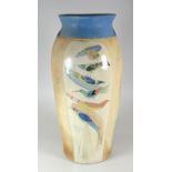 JILL FANSHAWE KATO large stoneware pottery vase, with blue glazed neck and vertical panel of