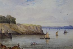 ATTR. THOMAS LINDSAY (1793-1861) watercolour - coastal scene with sail-boats and figures,