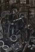 IN THE MANNER OF GEORGE CHAPMAN mixed media - industrial scene with three figures with hoist and