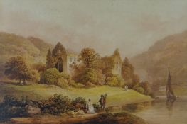 ATTRIBUTED TO FRANCIS NICHOLSON watercolour - abbey ruins with figures & yacht by a lakeside,