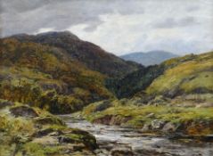 THOMAS HUSON (1844 - 1920) oil on canvas - North Wales river landscape, entitled verso 'Ten Miles to